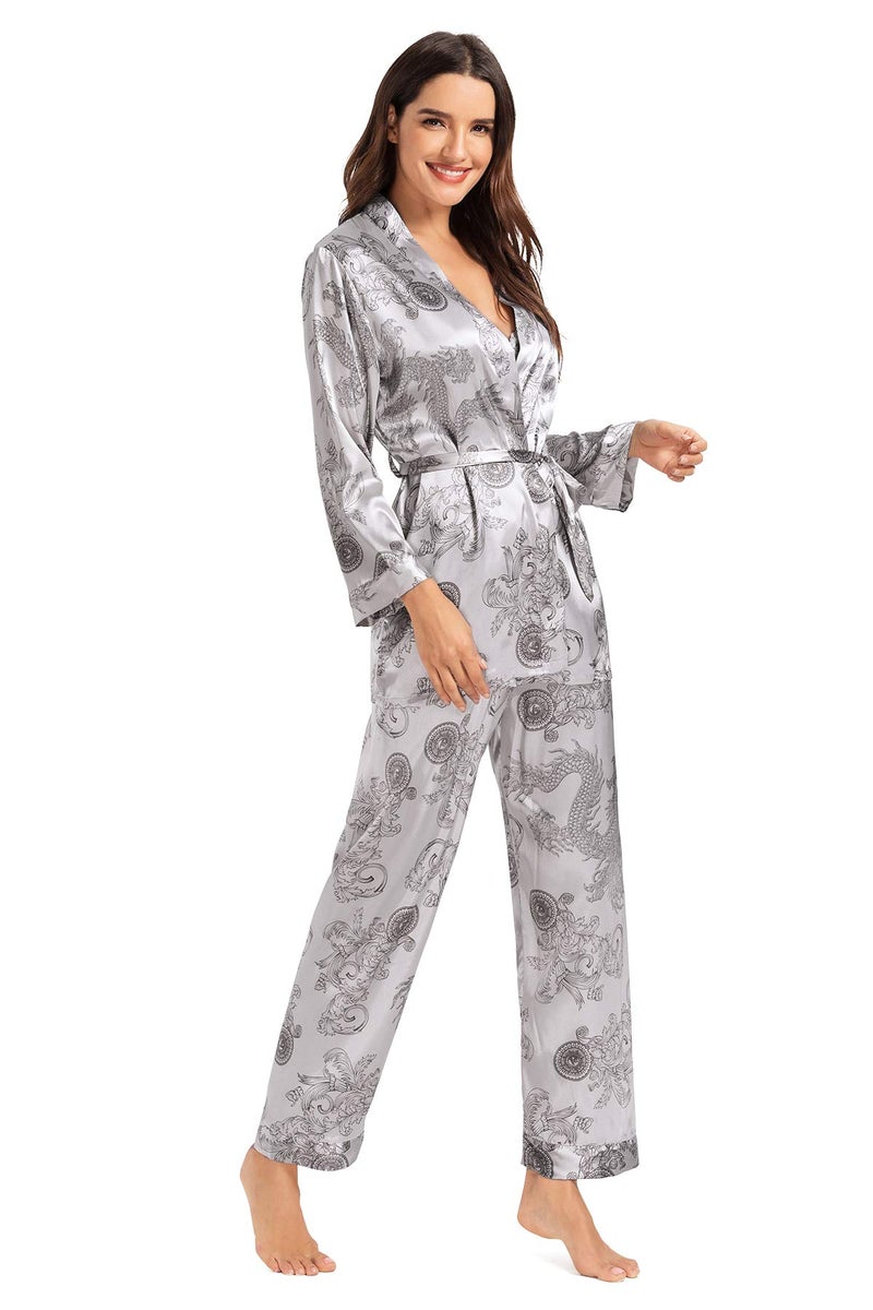 Escalier Women's Silk Satin Pajamas Set 3 Pcs Floral Silky Pj Sets Sleepwear Cami Nightwear with Robe and Pants Grey XL - Image 4